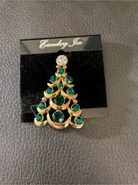Vintage Eisenberg Ice Gold-Toned Christmas Tree Brooch w/Green Rhinestones